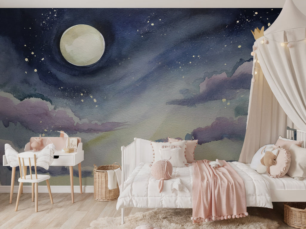 Navy Full Moon & Watercolor Clouds wallpaper in a styled room, view 3