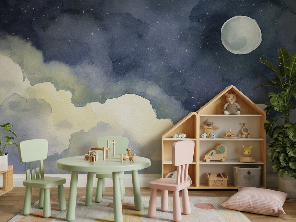 Navy Moon & Cream Clouds wallpaper in a styled room, view 2