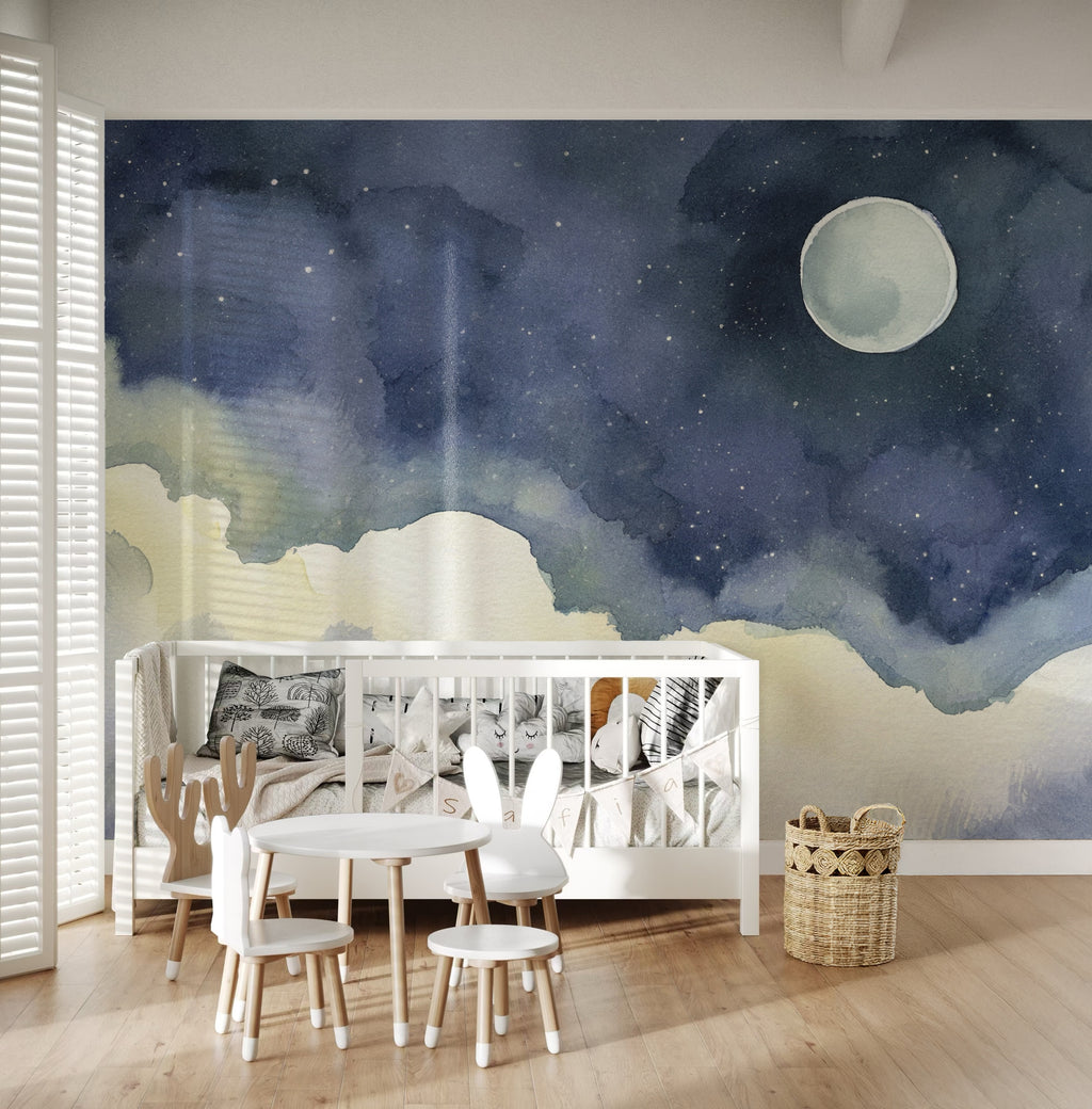 Navy Moon & Cream Clouds wallpaper in a styled room, view 3