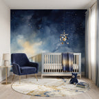 Navy Stars & Golden Clouds wallpaper in a styled room, view 1