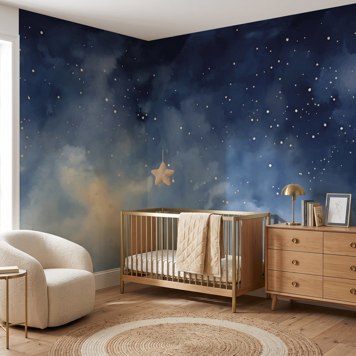 Navy Stars & Golden Clouds wallpaper in a styled room, view 2