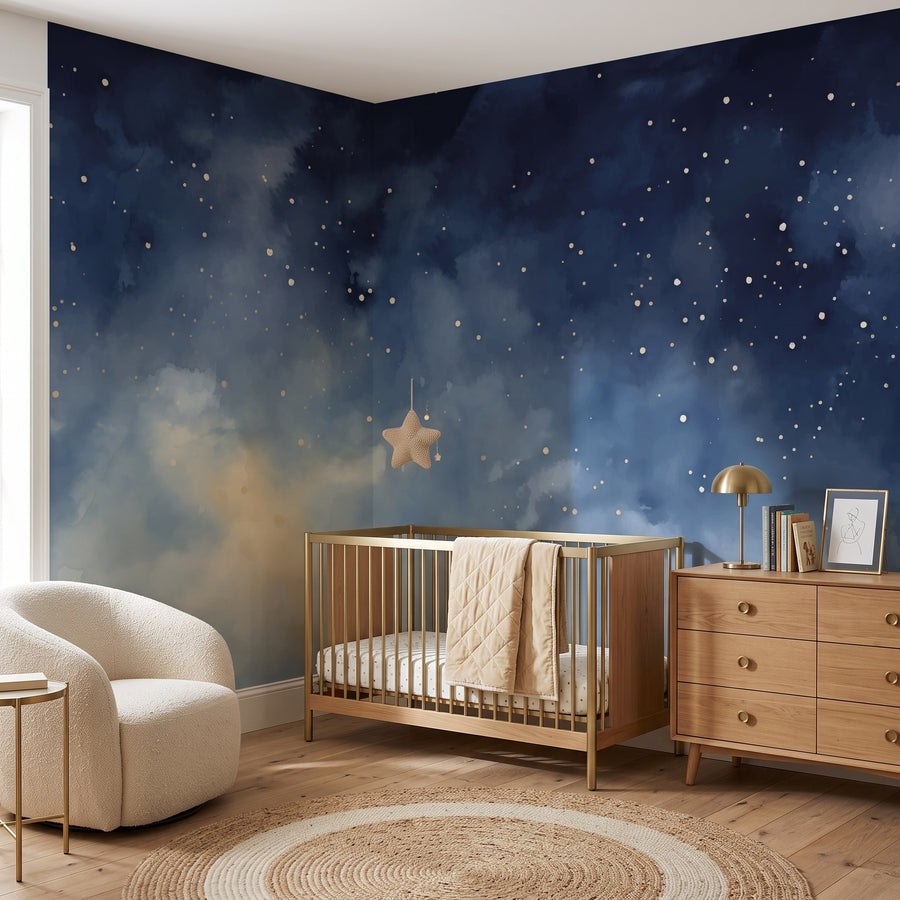 Navy Stars & Golden Clouds wallpaper in a styled room, view 2