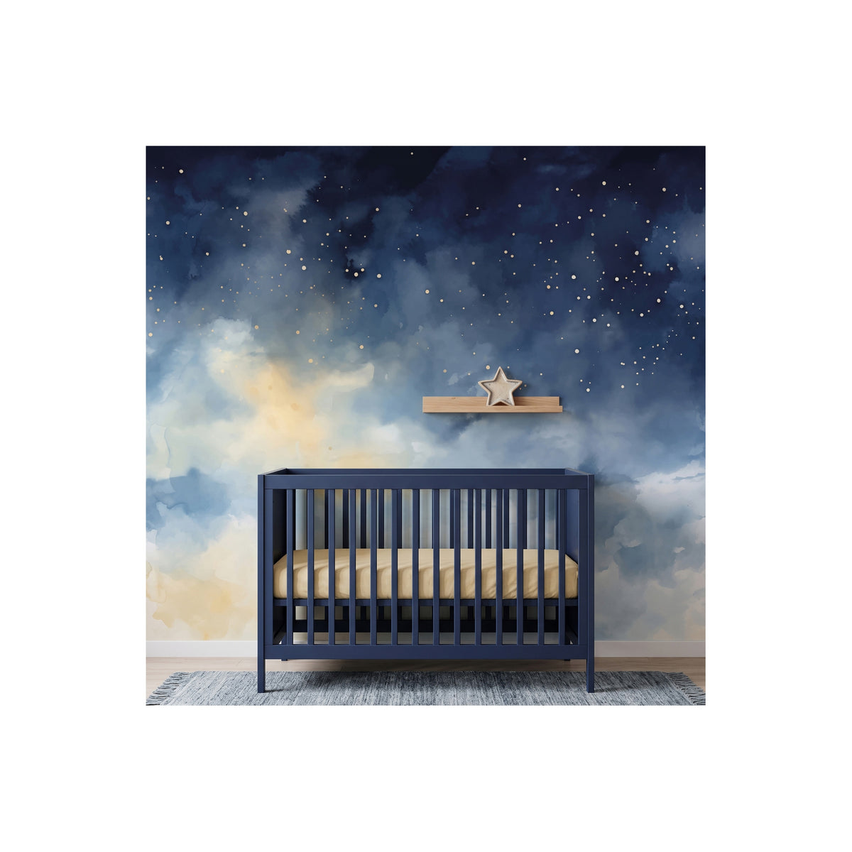 Navy Stars & Golden Clouds wallpaper in a styled room, view 3