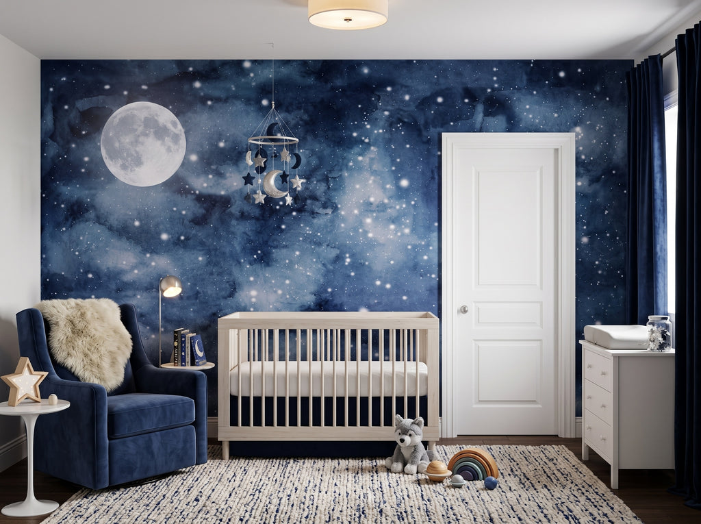Navy Galaxy, Moon & Stars wallpaper in a styled room, view 2