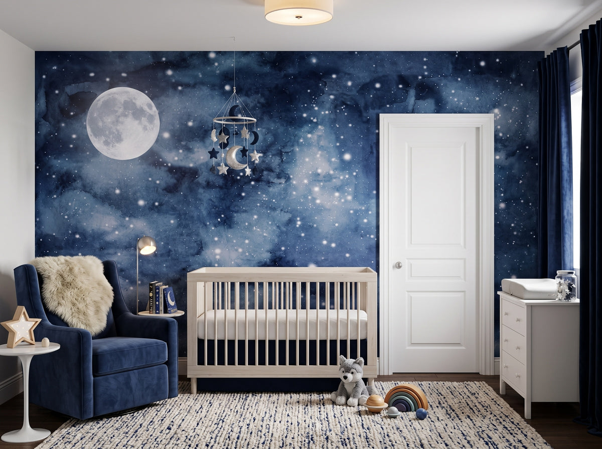Navy Galaxy, Moon & Stars wallpaper in a styled room, view 2