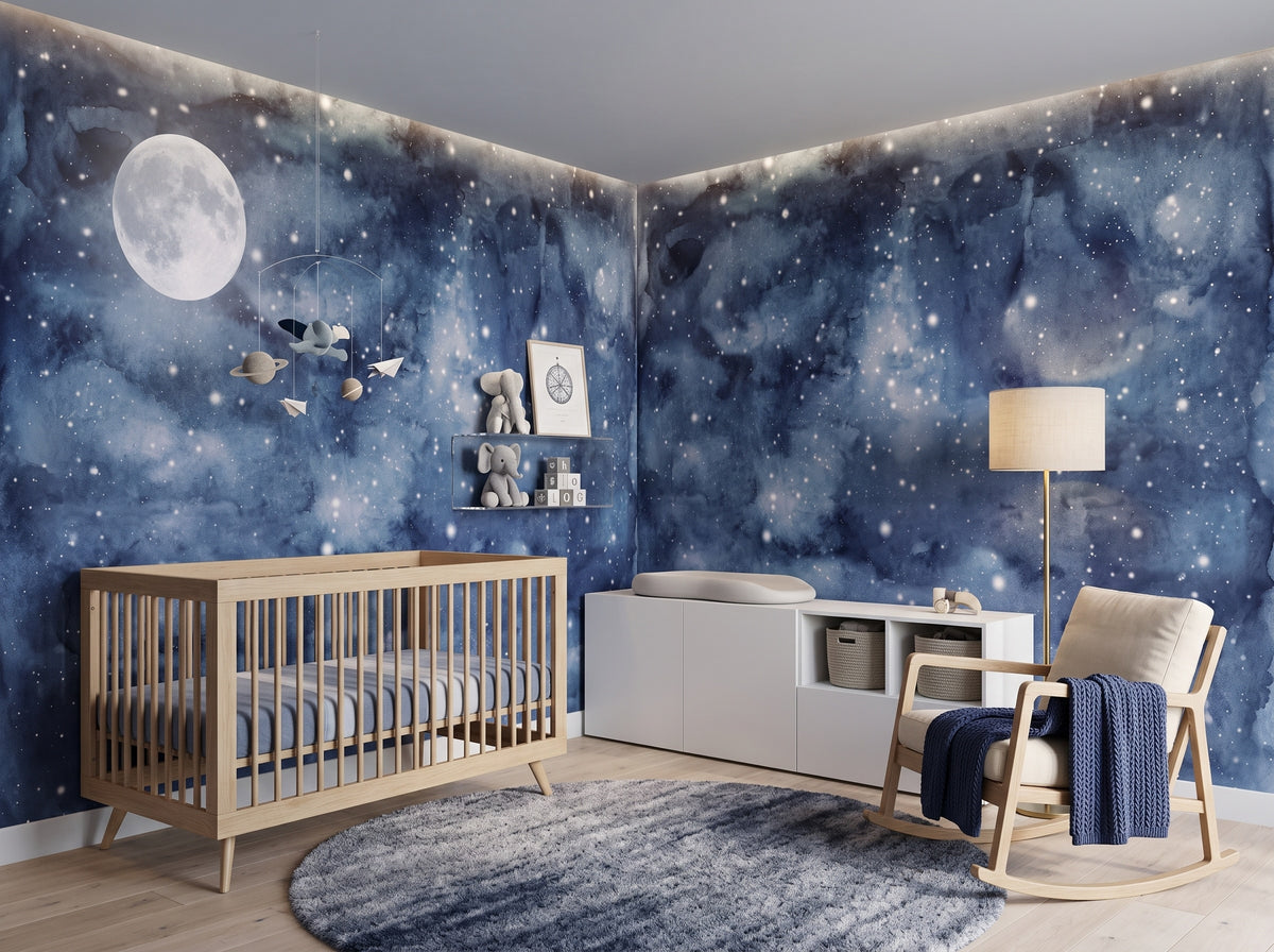Navy Galaxy, Moon & Stars wallpaper in a styled room, view 3