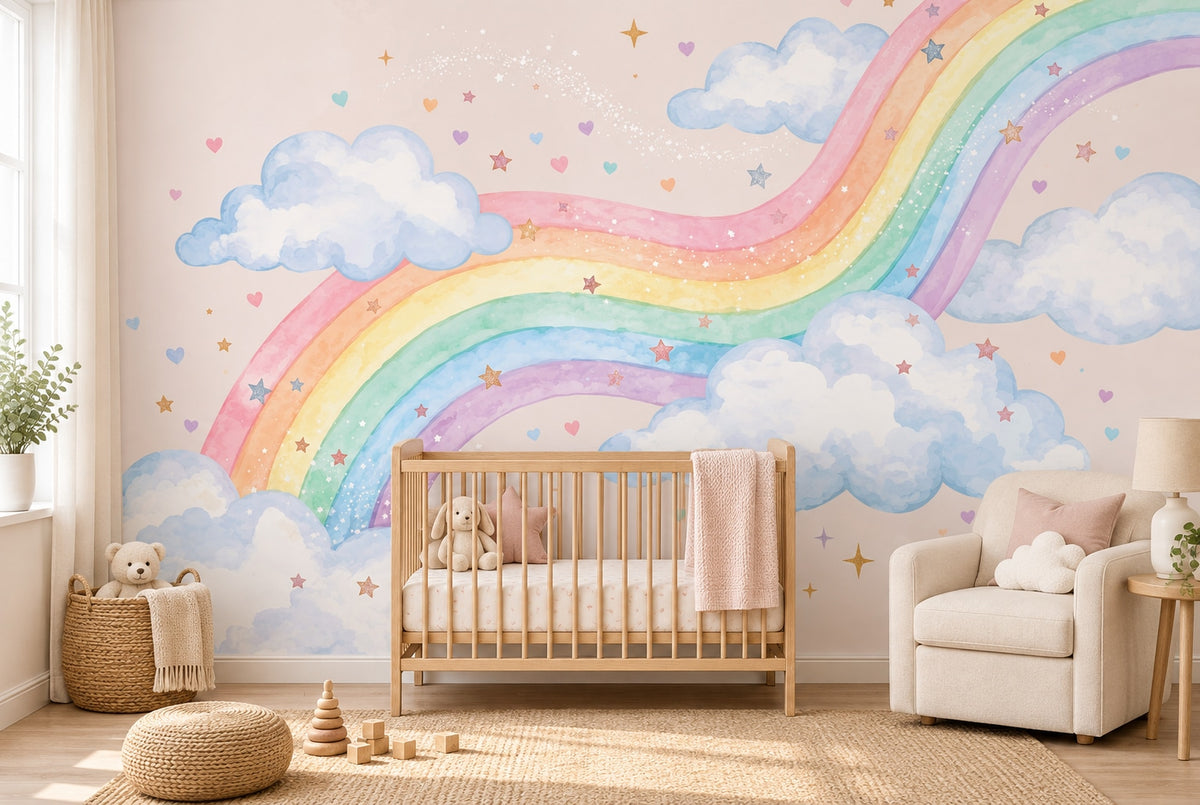 Wavy Pastel Rainbow & Clouds wallpaper in a styled room, view 1