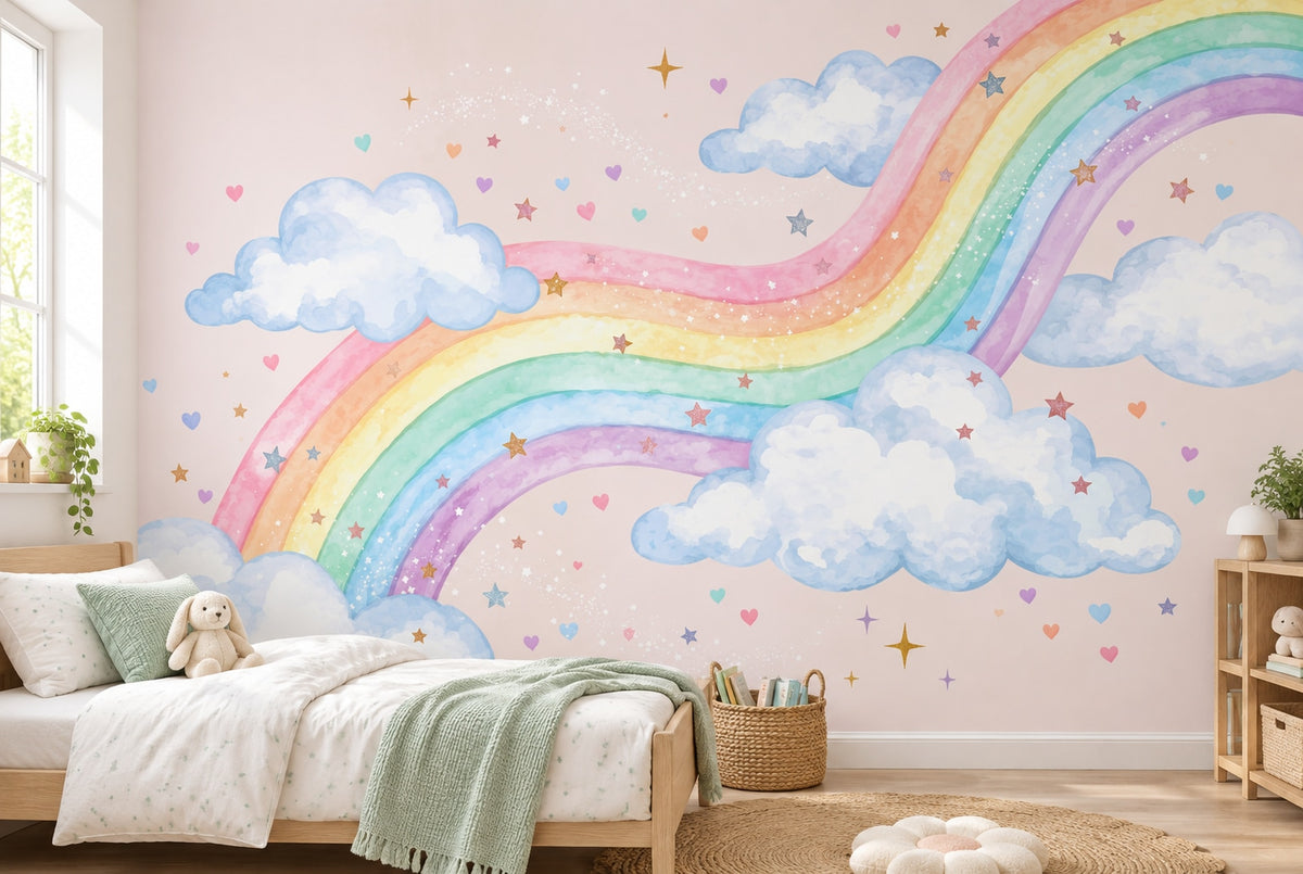 Wavy Pastel Rainbow & Clouds wallpaper in a styled room, view 2