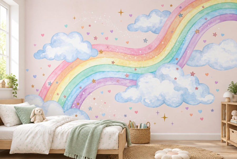 Wavy Pastel Rainbow & Clouds wallpaper in a styled room, view 2