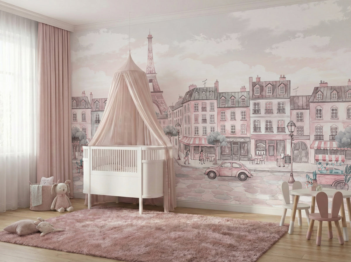 Blush Paris & Eiffel Tower wallpaper in a styled room, view 2